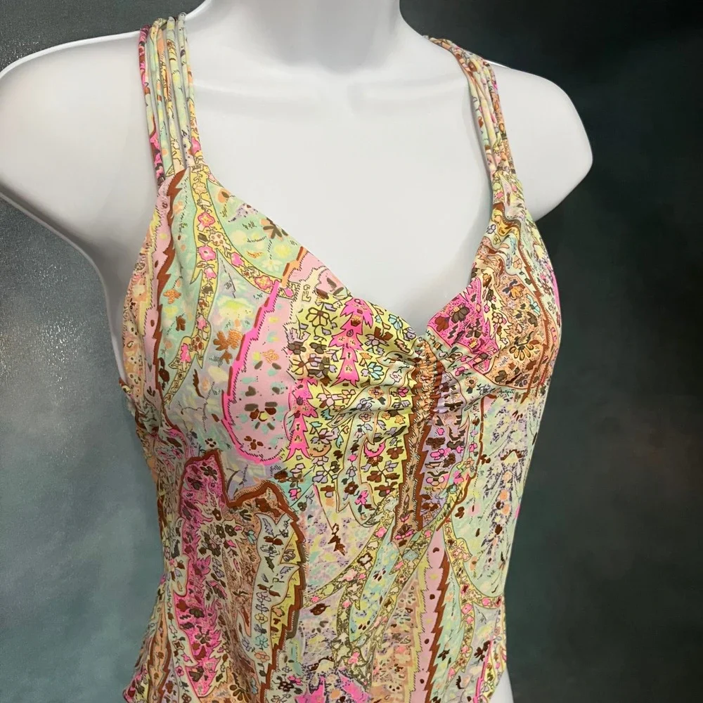 Victorias Secret‎ Paisley Strappy Back One Piece Swimsuit Pink Mint Gold Medium